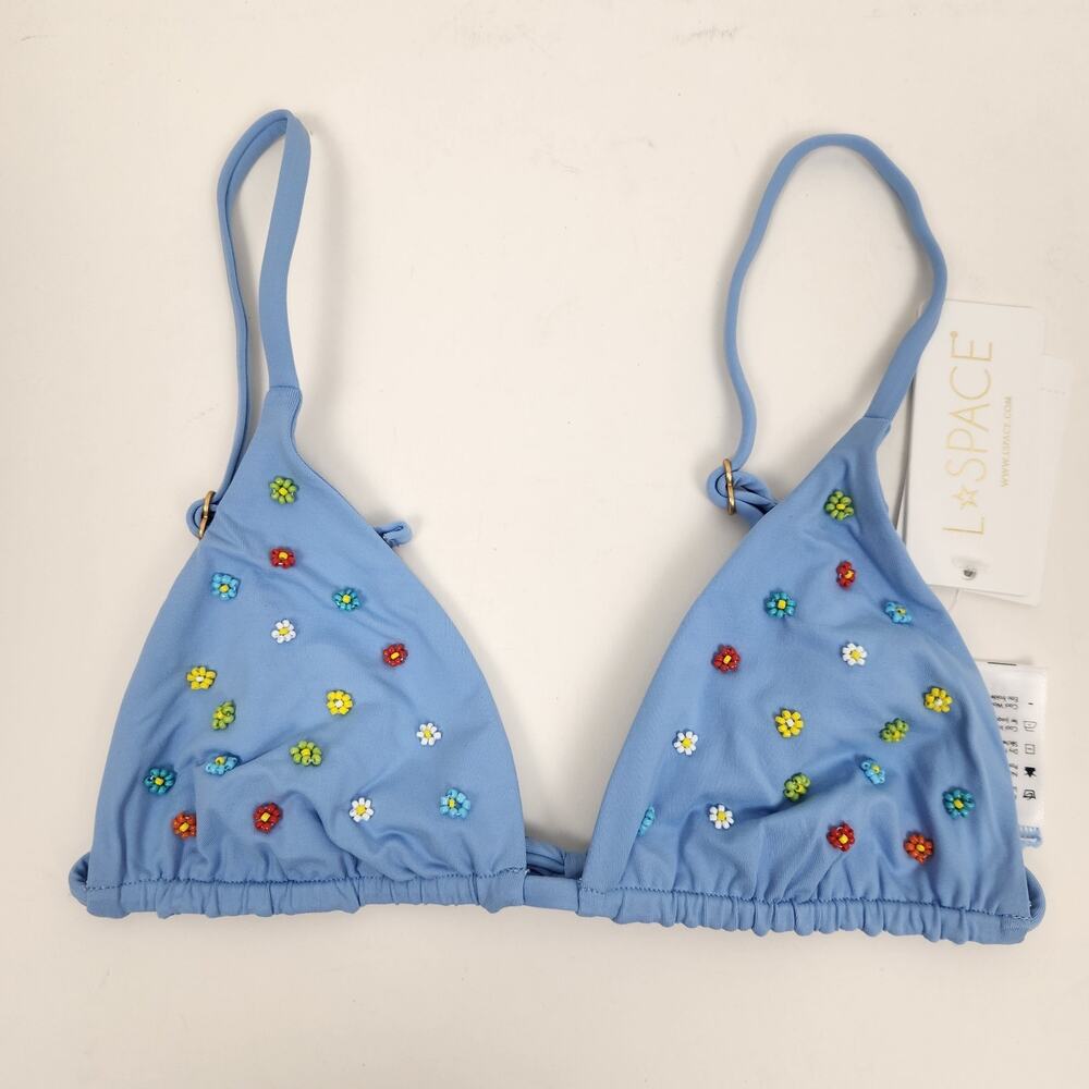 L*Space Brittany Bikini Top Blue Beaded Daisy Small NWT Triangle